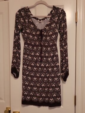 Sophie Max Brown and Cream Long-Sleeve Patterned Dress S